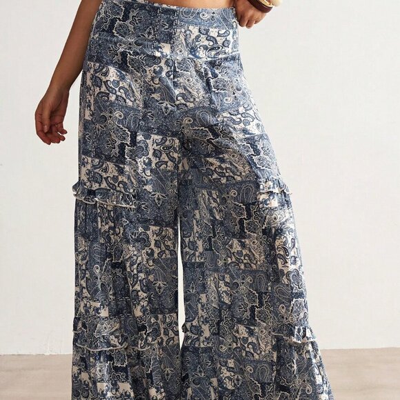 Blue Boho Women's Paisley Print Ruffled Wide Leg Pants - Picture 6 of 7